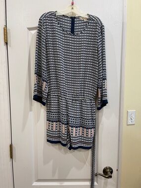 Navy and White Geometric Romper with Pink/peach Accents